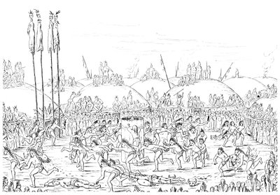 Religiøs seremoni, Mandan Village. av Myers and Co