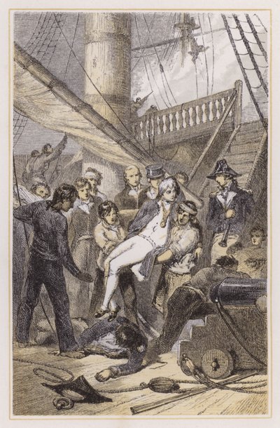Nelsons død ved Trafalgar (farget gravering) av Myles Birket (after) Foster