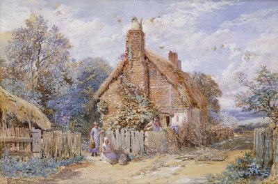 Barn ved en hytte med stråtak på Chiddingfold, av Myles Birket Foster