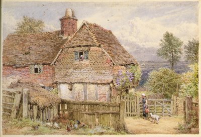 Girl with a Lamb by Farmhouse (blyant og akvarell) av Myles Birket Foster