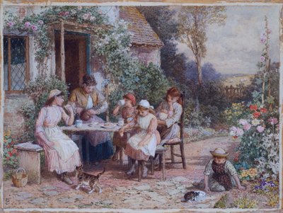 Teatime (blyant og akvarell forsterket med hvitt på kort) av Myles Birket Foster