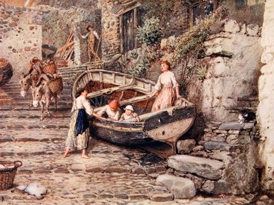 Utsikt over Clovelly, med strandet båt og figurer, 1882 av Myles Birket Foster
