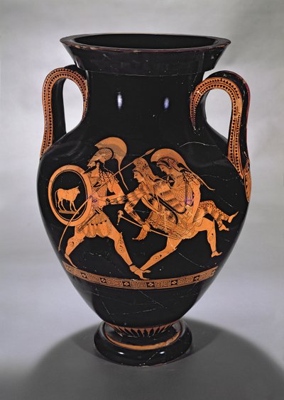 Loftsbukamfora med rød figur som viser bortføringen av Antiope med Theseus og Pirithous, ca. 500-490 f.Kr. (keramikk) av Myson