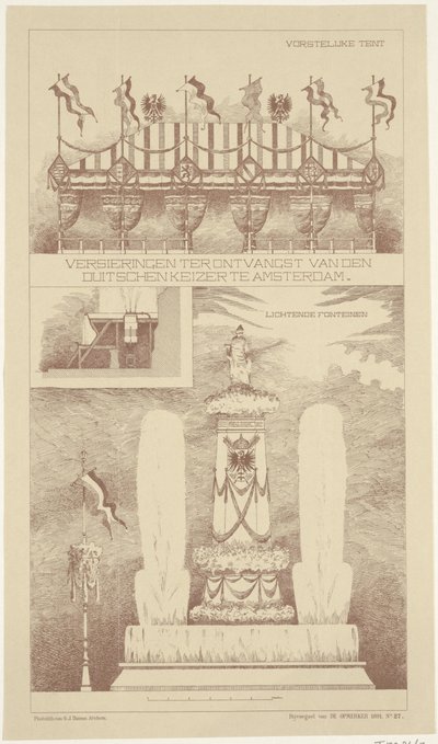 Dekorasjoner under besøket av den tyske keiseren til Amsterdam, 1891 Dekorasjoner for mottak av den tyske keiseren i Amsterdam (tittel på objekt) av NV Drukkerij G.J. Thieme