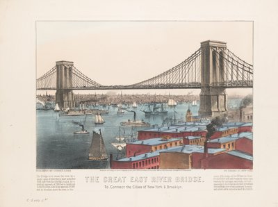 Den store East River-broen: for å forbinde byene New York og Brooklyn, ca. 1872 av Nathaniel Currier