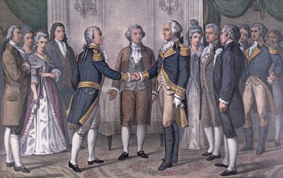 Det første møtet mellom general George Washington (1732-99) og Marquis de La Fayette (1757-1834) Philadelphia, 3. august 1777, publisert i 1876 (farge litho) av N. and Ives J.M. (after) Currier