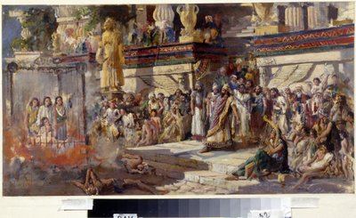 De tre unge jødene i den brennende ovnen (The Three Young Men In The Fiery Furnace). Nebukadnesar II, konge av Babylon mellom 605 og 562 f.Kr., fikk de tre jødene som nektet å bøye seg før hans gyldne statue kastet i ilden. Så Q av N. T. Malyshev