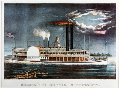 Måneskinn på Mississippi, dampskipet Great Republic … (farget trykk) av N. and Ives J.M. (1824-95) Currier