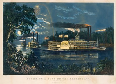 "Rounding a Bend" på Mississippi - The Parting Salute av Currier and Ives