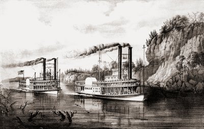 Dampbåter som kappseiler på Mississippi-elven, USA. av N. and Ives J.M. Currier