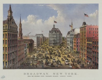 Broadway, New York fra Western Union telegraph Building ser nordover av Currier and Ives