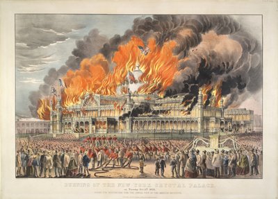Brenning av New York Crystal Palace tirsdag 5. oktober 1858 (fargelitografi)   Farget litografi av Currier and Ives