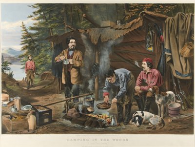 Camping i skogen "A Good Time Coming" (fargelitografi) av Currier and Ives