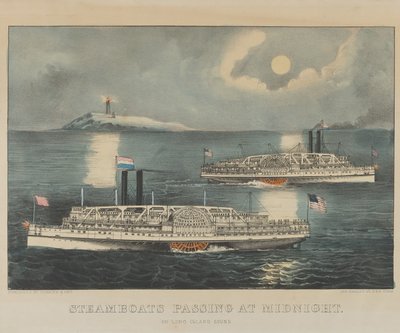 Dampbåter passerer ved midnatt på Long Island Sound av Currier and Ives