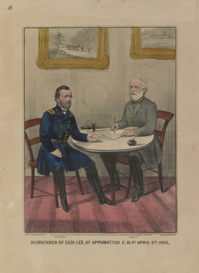 Overgivelse av genl. Lee, ved Appomattox C.H. Va. 9. april. 1865 (fargelitografi) av Currier and Ives