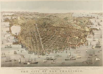 The City of San Francisco - Fugleperspektiv fra bukten, sørvestover av Currier and Ives
