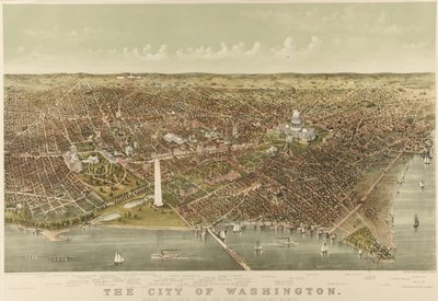 The City of Washington: Fugleperspektiv fra Potomac mot nord av Currier and Ives