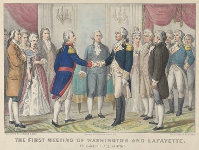 Det første møtet mellom Washington og Lafayette i Philadelphia, 3. august 1777 av Currier and Ives