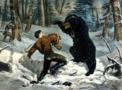 The Life of Trappers (Professional Hunters) i Canada: En jeger blir angrepet av en Grizzly Bear. Illustrasjon av Yves og Currier. av Currier and Ives