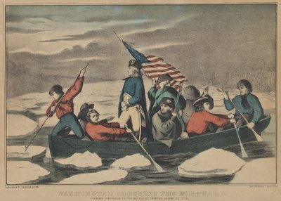 Washington krysser Delaware kvelden før slaget ved Trenton, 5. desember 1776 av Currier and Ives
