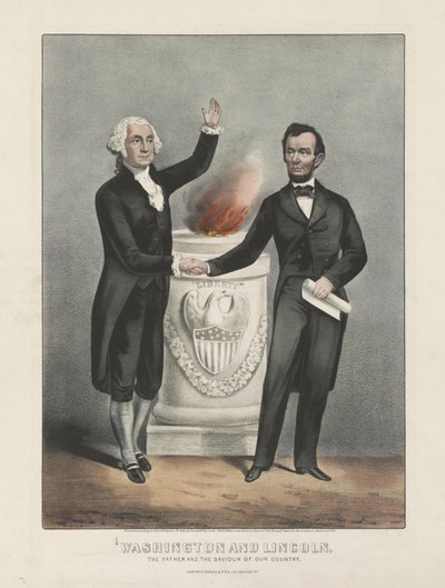 Washington og Lincoln. Vårt lands far og frelser, ca. 1865 (fargelitografi) av Currier and Ives