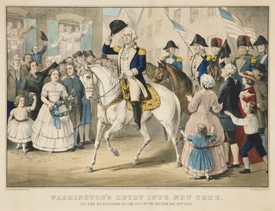Washingtons inntog i New York etter britenes evakuering av byen 25. november 1783 av Currier and Ives