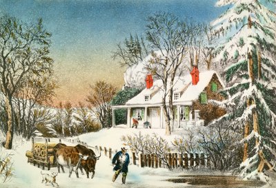 Bringing Home the Logs, Winter Landscape, 1800-tallet av N. and Ives, J.M. Currier