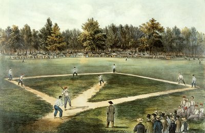 The American National Game of Baseball - Grand Match på Elysian Fields, Hoboken, NJ, 1866 (se 32902) av N. and Ives, J.M. Currier