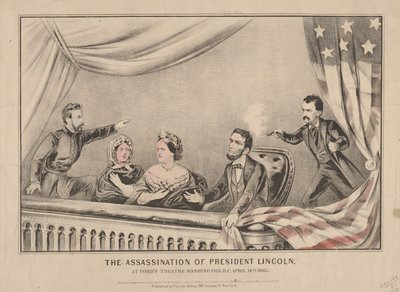 Mordet på president Lincoln ved Fords Theatre, Washington, 1865 (håndfarget litografi) av N. and Ives, J.M. Currier