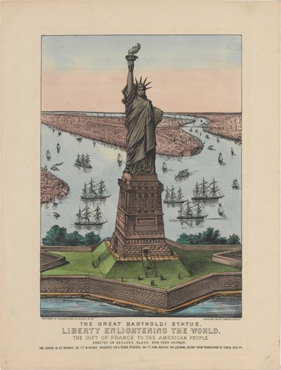 Den store Bartholdi-statuen – Liberty Enlightening the World, 1885 (håndfarget litografi) av N. and Ives, J.M. Currier