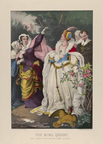 The Rival Queens, Mary Queen of Scots Defying Queen Elizabeth, 1857-72 (Håndfarget litografi) av N. and Ives, J.M. Currier