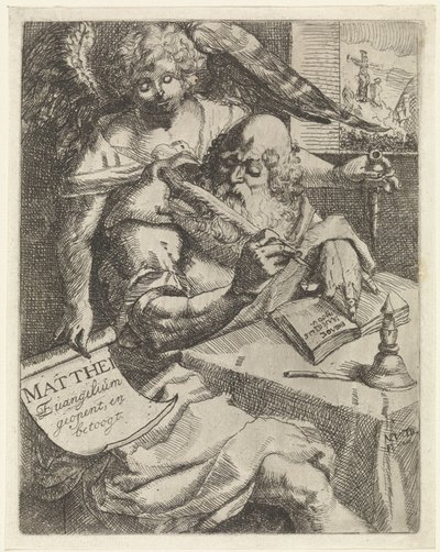 Evangelisten Matteus Matthei Evangelium åpner og argumenterer (tittel på objekt) Tittelside for: S. van Til, Het euangelium des H. Apostles Matthæi (...) åpnet med korte notater, 1687 av N. van Til