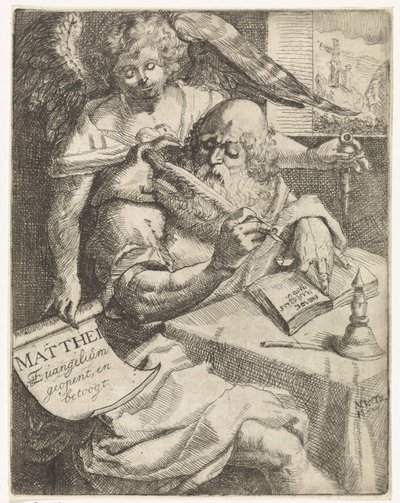 Evangelisten Matteus Matthei Evangelium åpner og argumenterer (tittel på objekt) Tittelside for: S. van Til, Het euangelium des H. Apostles Matthæi (...) åpnet med korte notater, 1687 av N. van Til