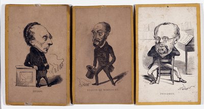 3 Portrettladning (portrettladning): Francois Pierre Guillaume Guizot (1787-1874), fransk historiker og politiker, Charles Jean-Baptiste (Jean Baptiste) Jacquot dit Eugene de Mirecourt (1812-1880), fransk journalist og forfatter, og Pierre -Joseph Proudhon av Nadar