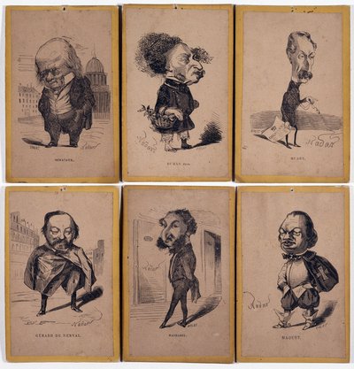 6 Charge-portretter: Pierre Jean de Beranger (1780-1857) fransk låtskriver, Alexandre Dumas fils (1824-1895), Louis Adrien Huart (1813-1865) fransk journalist, forfatter og teatersjef, Gerard de Nerval (1808-1855), Den franske forfatteren Charles Matharel  av Nadar