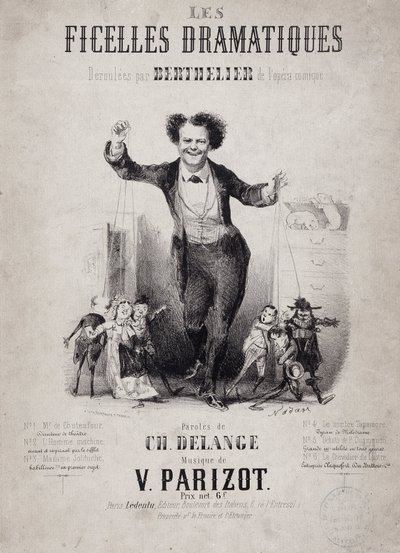 Portrett av Jean Berthelier (1830-1888) som holder sønnene til dukker. Album "Les Ficelles Dramatiques deroulees av Berthelier de l'opera comique" av Nadar