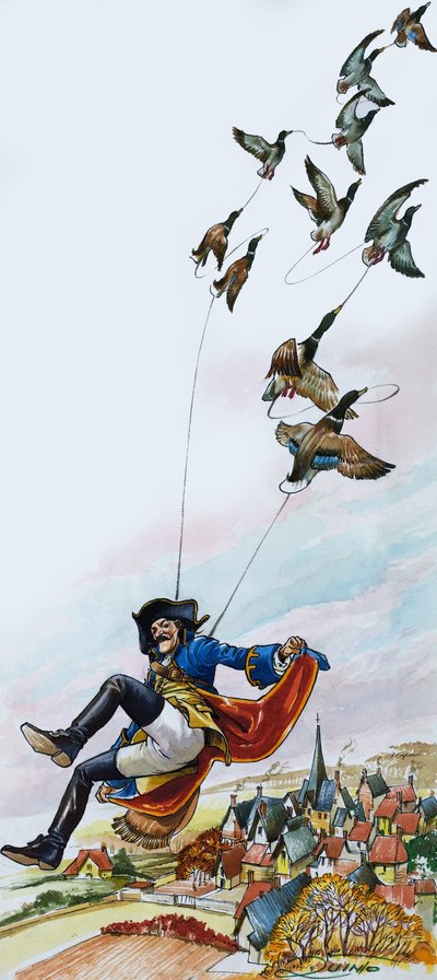 Baron Münchausen blir båret bort av ender (gouache på papir) av Nadir Quinto