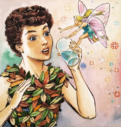 Tingeling advarer Peter Pan, illustrasjon fra «Peter Pan» av JM Barrie (gouache på papir) av Nadir Quinto