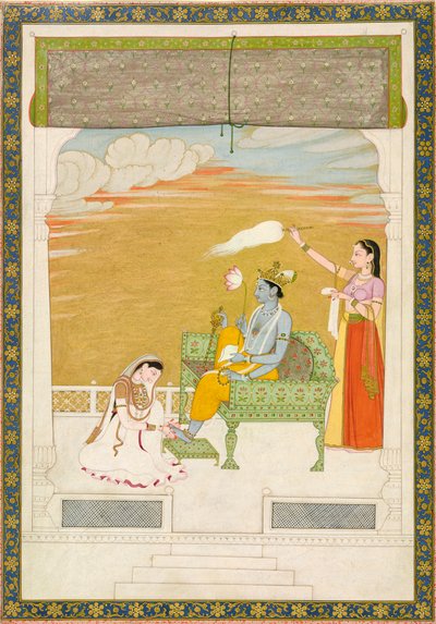 Lakshmi masserer foten til Vishnu, ca. 1765-1770. Skapere: Nainsukh, Manju. av Nainsukh Manju