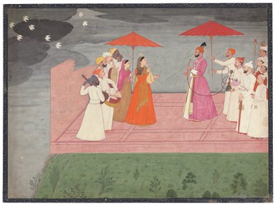 Musikere som spiller en raga for Balwant Dev Singh i regntiden, ca. 1745-50 av Nainsukh