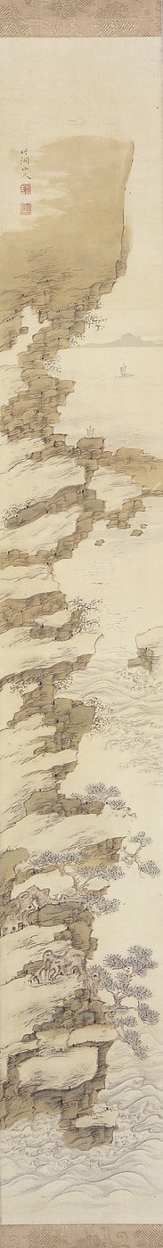 Cliffside Landscape With Boats (blekk og farge på silke) av Nakabayashi Chikkei