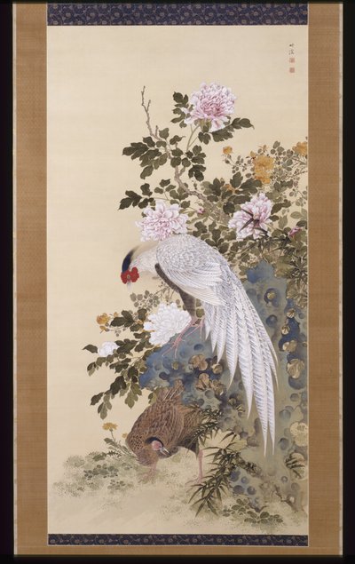 Fasaner, stein og blomster (blekk og farge på silke) av Nakabayashi Chikkei