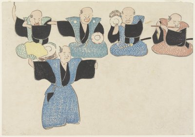 Danser og fire musikere, 1700-1800-tallet (farget treblokktrykk) av Nakamura Hochu