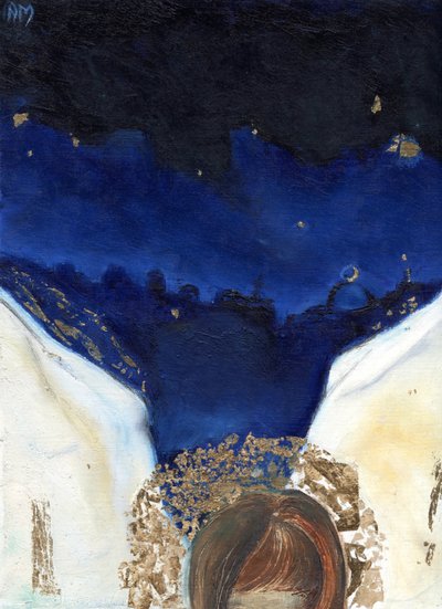 Natt engelen fikk vingene sine, 2014, (olje og bladgull på kort) av Nancy Moniz Charalambous