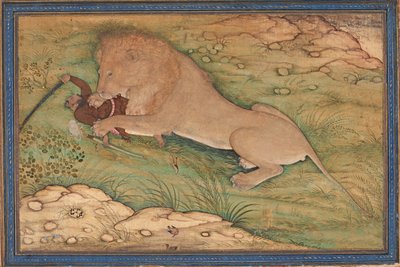 Perils of the Hunt, A Lion pounces on a Hunter, ca. 1615 (ugjennomsiktig wc på silke) av Nanha