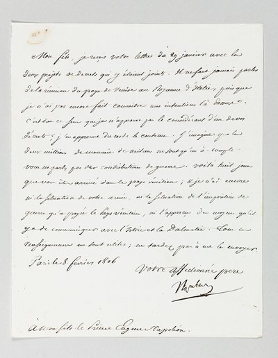 Signert brev fra Napoleon til sin stesønn, prins Eugène de Beauharnais Napoleon av Napoleon Bonaparte