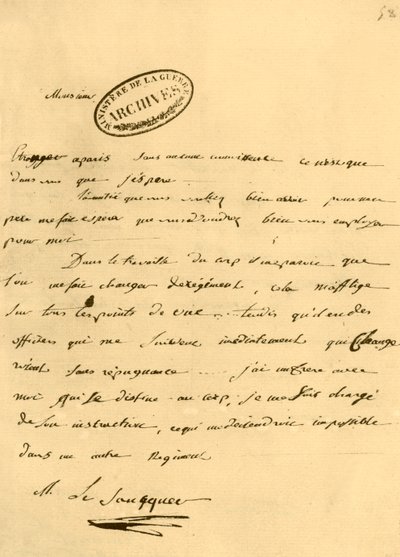 Brev fra Napoleon til Le Saucquer, krigsskriver, 3. juni 1791, 1921. av Napoleon Bonaparte I