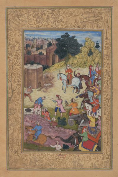En badehusvokter blir konsumert av lidenskap for sin elskede, Folio from a Khamsa..., 1597-98. av Nar Singh