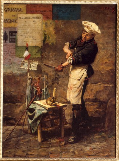 Rotteselgeren under beleiringen av Paris i 1870 (h s/t 0,64 x 0,47) maleri av Narcisse Chaillou fra 1870 (1835-1916) (rotteselger under beleiringen av Paris av Narcisse Chaillou