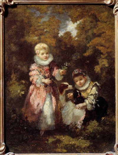 Barn og hunder Maleri av Narcissus Diaz de la Pena (1807-1876) (ec. de Barbizon) Søn. 0,32x0,24 m av Narcisse Virgile Diaz de la Peña